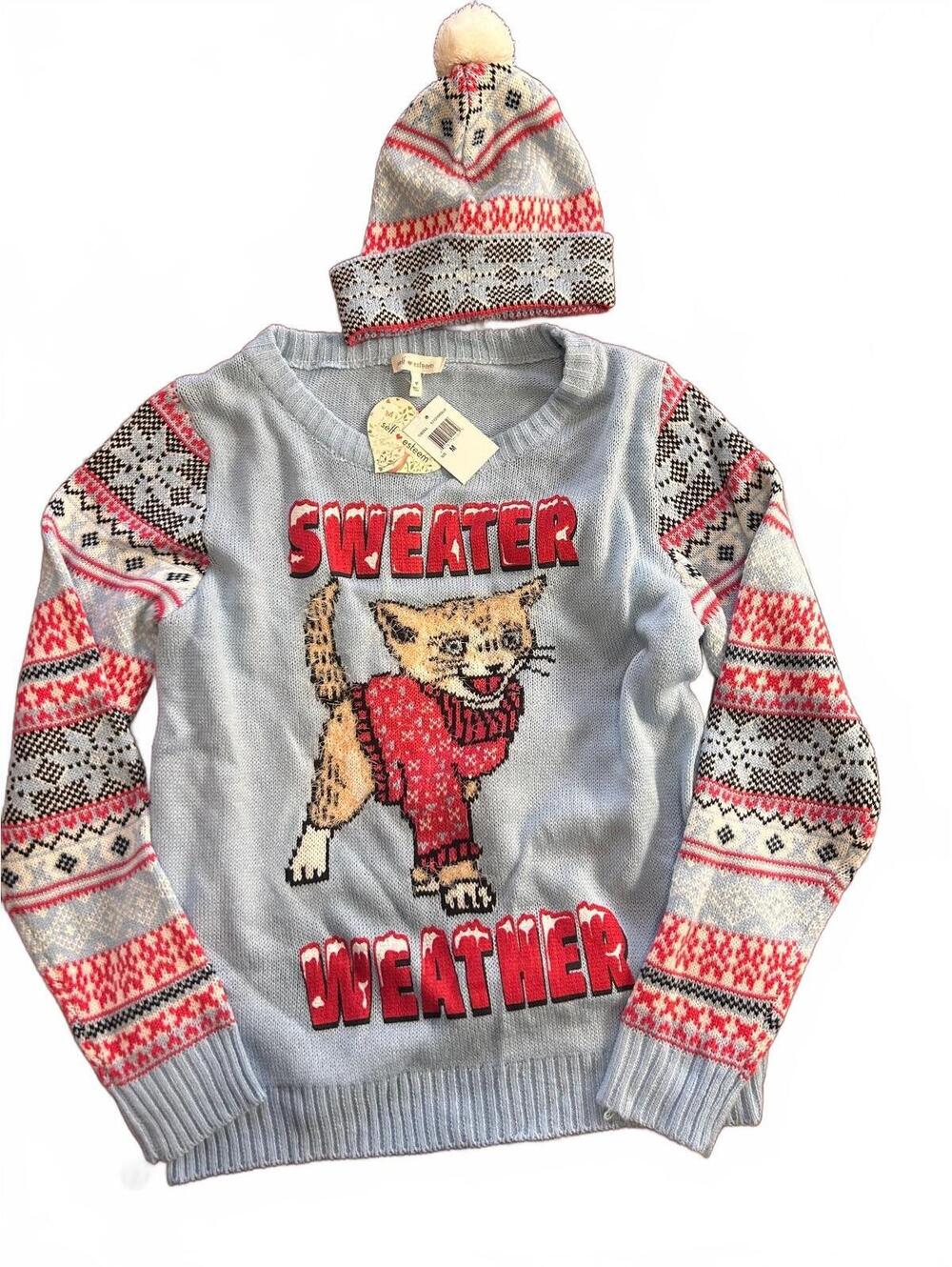 Self Esteem Sweater Weather Cat Ugly Christmas Fair Isle Beanie Set Size M NWT
